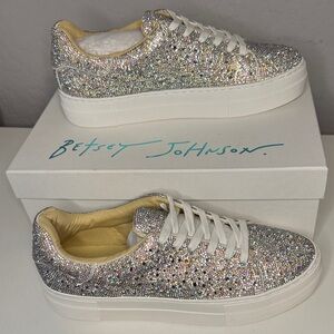 Betsey Johnson Glitter Crystal Embellished Platform Sneakers in Silver 9.5 women
